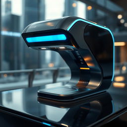 A futuristic iris scanner used for biometric identification, showcasing its sleek design with a high-tech display and glowing blue lights