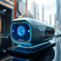 A futuristic iris scanner used for biometric identification, showcasing its sleek design with a high-tech display and glowing blue lights