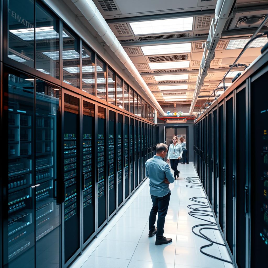 A detailed view of a modern Google data center showcasing its architectural design, with rows of sleek servers and advanced cooling systems