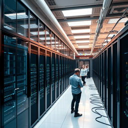 A detailed view of a modern Google data center showcasing its architectural design, with rows of sleek servers and advanced cooling systems