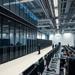 A detailed view of a modern Google data center showcasing its architectural design, with rows of sleek servers and advanced cooling systems