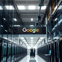 A detailed view of a modern Google data center showcasing its architectural design, with rows of sleek servers and advanced cooling systems