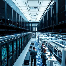 A detailed view of a modern Google data center showcasing its architectural design, with rows of sleek servers and advanced cooling systems