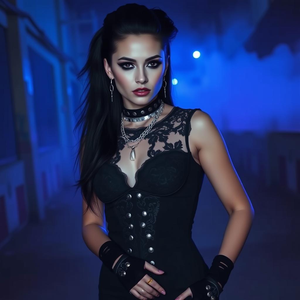 A stunning goth girl with long black hair styled in a dramatic fashion, wearing a form-fitting black lace dress and heavy black eyeliner