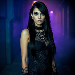 A stunning goth girl with long black hair styled in a dramatic fashion, wearing a form-fitting black lace dress and heavy black eyeliner