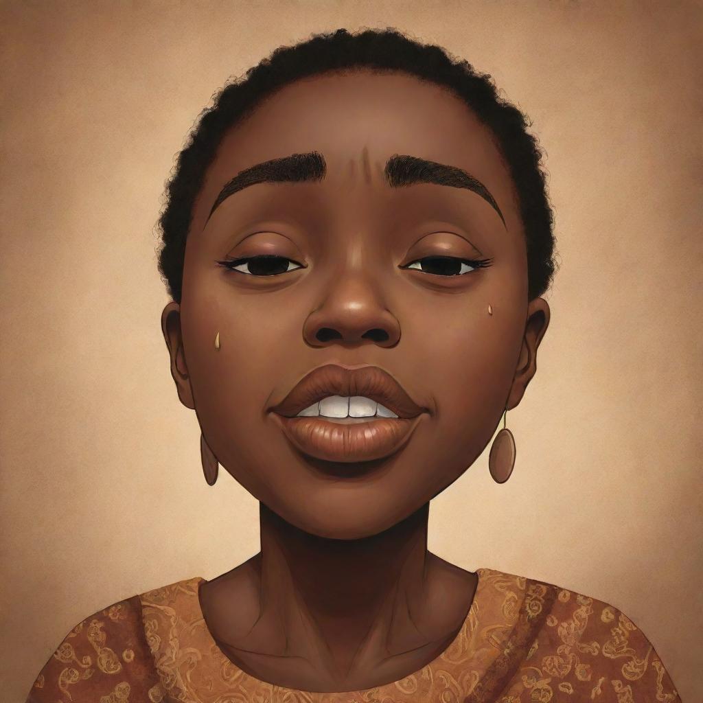 A touching children's book-style cartoon illustration showing an African American woman crying, her tears conveying a rich tapestry of emotions, creating an impactful scene.