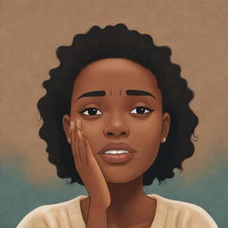 A touching children's book-style cartoon illustration showing an African American woman crying, her tears conveying a rich tapestry of emotions, creating an impactful scene.