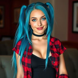 A 20-year-old woman with very long cyan twintails, bright cyan eyes, and wearing a red flannel shirt over a black tank top