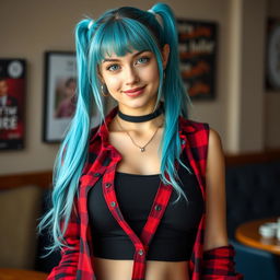 A 20-year-old woman with very long cyan twintails, bright cyan eyes, and wearing a red flannel shirt over a black tank top