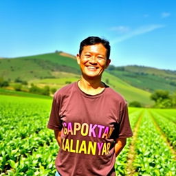 A farmer standing proudly in a lush green field, wearing a shirt emblazoned with the words "GAPOKTAN KALIANYAR" in bold, bright letters