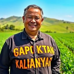 A farmer standing proudly in a lush green field, wearing a shirt emblazoned with the words "GAPOKTAN KALIANYAR" in bold, bright letters