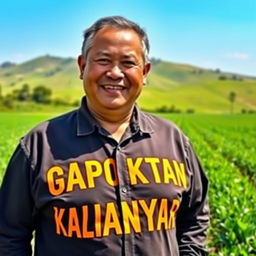 A farmer standing proudly in a lush green field, wearing a shirt emblazoned with the words "GAPOKTAN KALIANYAR" in bold, bright letters