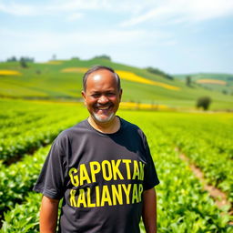 A farmer standing proudly in a lush green field, wearing a shirt emblazoned with the words "GAPOKTAN KALIANYAR" in bold, bright letters