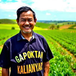 A farmer standing proudly in a lush green field, wearing a shirt emblazoned with the words "GAPOKTAN KALIANYAR" in bold, bright letters