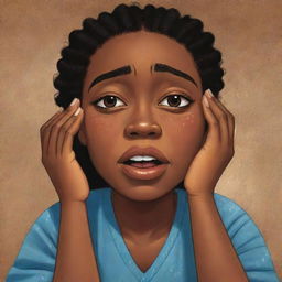 A touching children's book-style cartoon illustration showing an African American woman crying, her tears conveying a rich tapestry of emotions, creating an impactful scene.