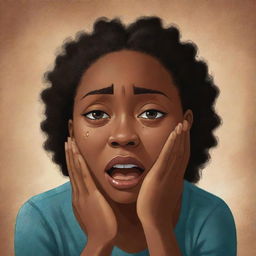 A touching children's book-style cartoon illustration showing an African American woman crying, her tears conveying a rich tapestry of emotions, creating an impactful scene.