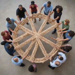 A group of diverse people collaboratively building a large, intricate structure together, symbolizing unity and determination.