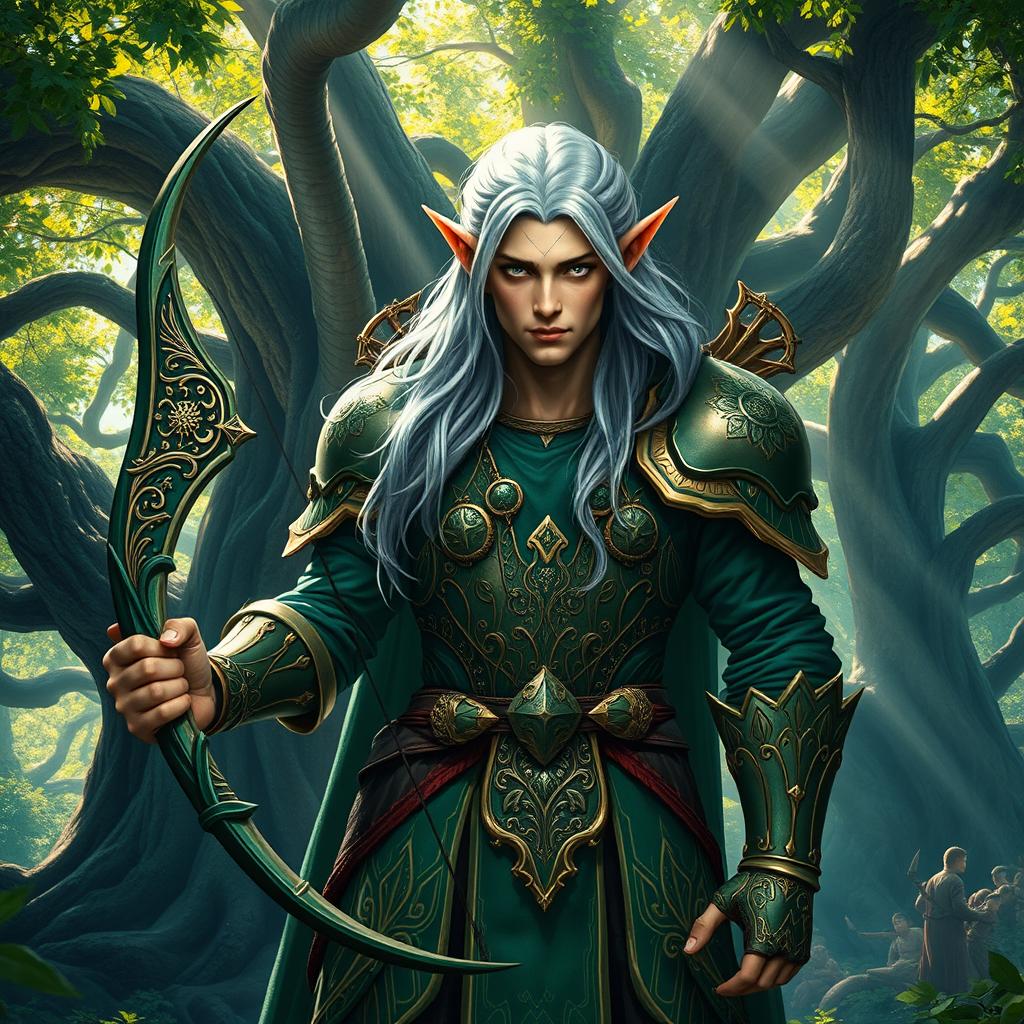 A powerful and majestic army elf standing confidently in a lush forest, donned in ornate, intricately detailed green and gold armor that reflects the sunlight filtering through the leaves