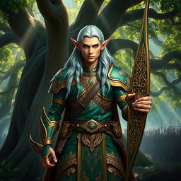 A powerful and majestic army elf standing confidently in a lush forest, donned in ornate, intricately detailed green and gold armor that reflects the sunlight filtering through the leaves