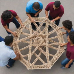 A group of diverse people collaboratively building a large, intricate structure together, symbolizing unity and determination.