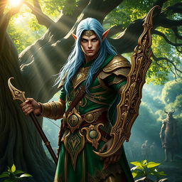 A powerful and majestic army elf standing confidently in a lush forest, donned in ornate, intricately detailed green and gold armor that reflects the sunlight filtering through the leaves