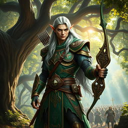 A powerful and majestic army elf standing confidently in a lush forest, donned in ornate, intricately detailed green and gold armor that reflects the sunlight filtering through the leaves