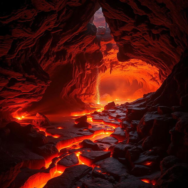 A breathtaking volcanic cave scene featuring vibrant red lava flowing through the rocky terrain, illuminated by glowing orange light