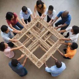 A group of diverse people collaboratively building a large, intricate structure together, symbolizing unity and determination.