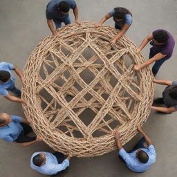 A group of diverse people collaboratively building a large, intricate structure together, symbolizing unity and determination.