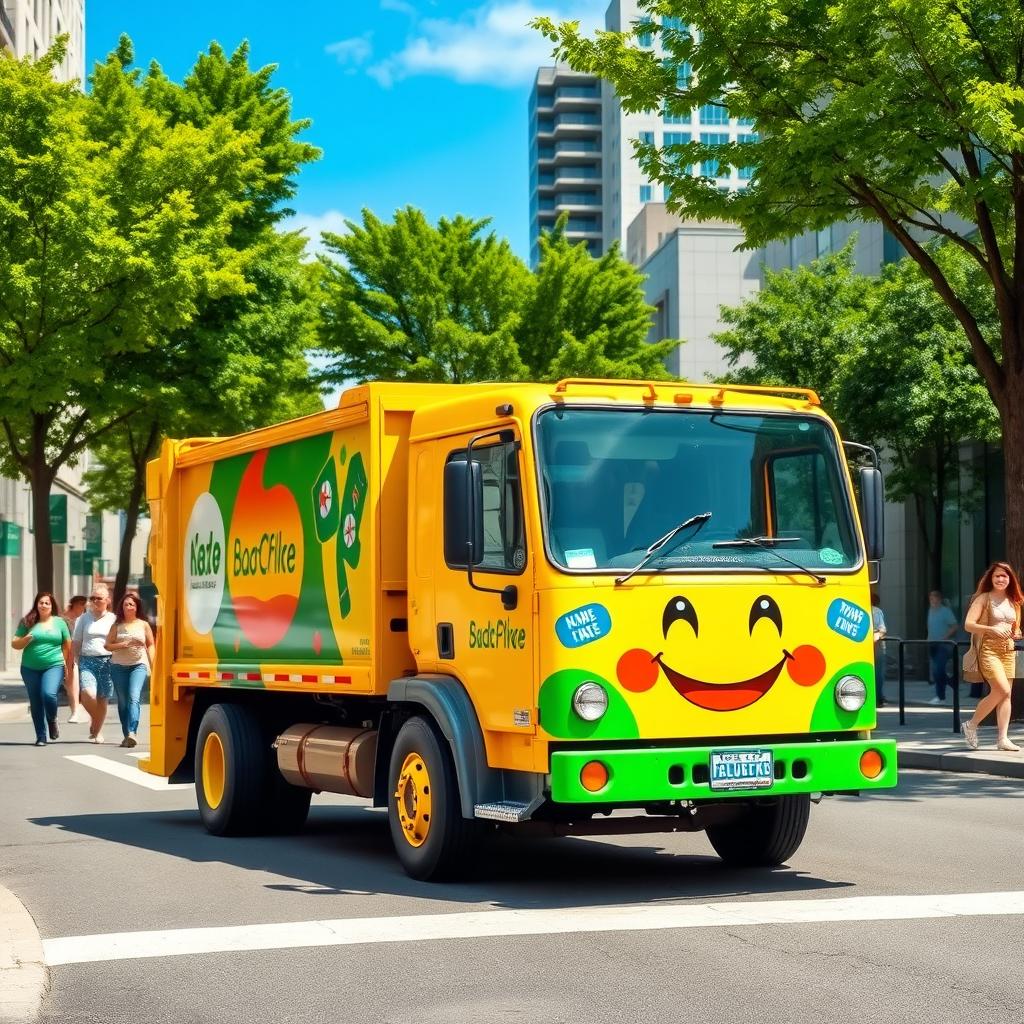 A bright, colorful trash truck parked in a vibrant city street, surrounded by lush green trees and modern buildings