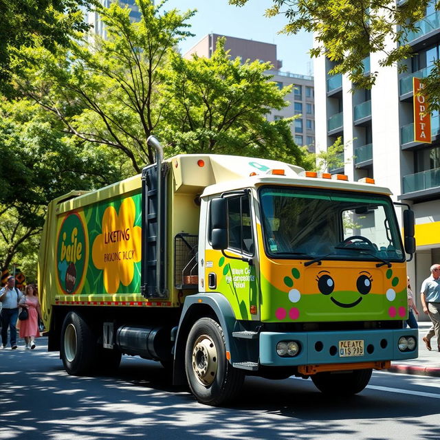 A bright, colorful trash truck parked in a vibrant city street, surrounded by lush green trees and modern buildings