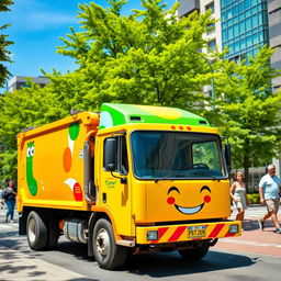 A bright, colorful trash truck parked in a vibrant city street, surrounded by lush green trees and modern buildings