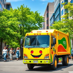 A bright, colorful trash truck parked in a vibrant city street, surrounded by lush green trees and modern buildings