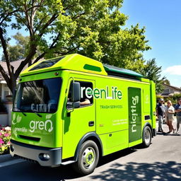 An eco-friendly electric trash truck, painted in a bright green color, with the words "GreenLife Trash Services" prominently displayed on the side in bold, attractive lettering