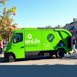 An eco-friendly electric trash truck, painted in a bright green color, with the words "GreenLife Trash Services" prominently displayed on the side in bold, attractive lettering