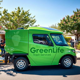 An eco-friendly electric trash truck, painted in a bright green color, with the words "GreenLife Trash Services" prominently displayed on the side in bold, attractive lettering