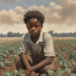 A poignant illustration showing a young African American boy laboring hard in a field, his young face showing determination and resilience, a scene historically significant.