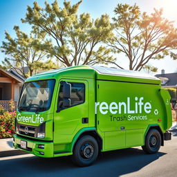 An eco-friendly electric trash truck, painted in a bright green color, with the words "GreenLife Trash Services" prominently displayed on the side in bold, attractive lettering