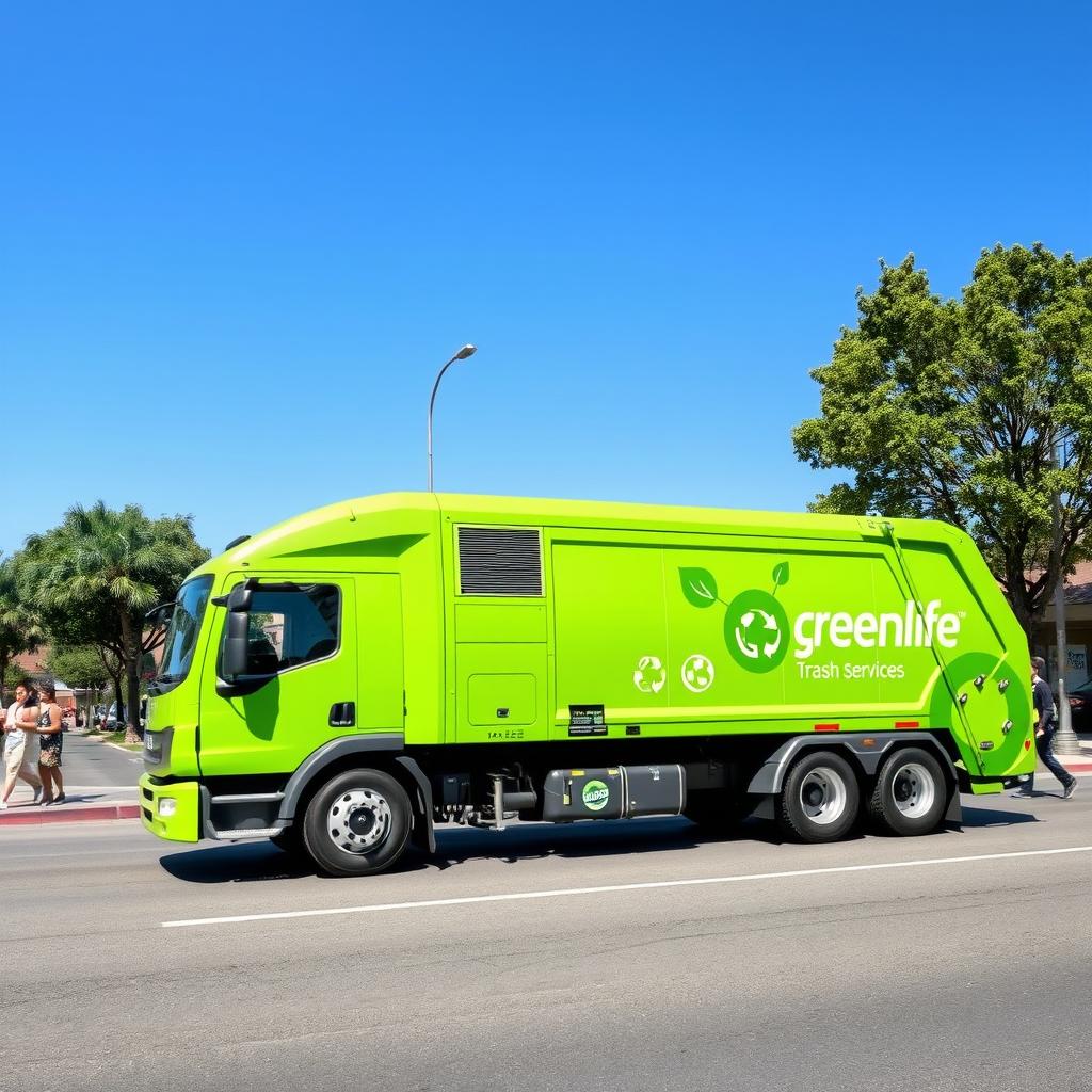 A modern electric garbage truck painted in a bright green color, featuring the logo and words "GreenLife Trash Services" displayed prominently on the side in bold, white lettering