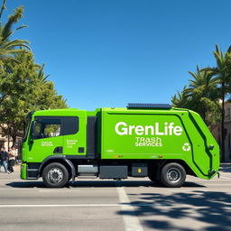 A modern electric garbage truck painted in a bright green color, featuring the logo and words "GreenLife Trash Services" displayed prominently on the side in bold, white lettering