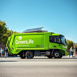 A modern electric garbage truck painted in a bright green color, featuring the logo and words "GreenLife Trash Services" displayed prominently on the side in bold, white lettering