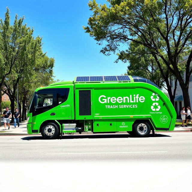 A modern electric garbage truck painted in a bright green color, featuring the logo and words "GreenLife Trash Services" displayed prominently on the side in bold, white lettering