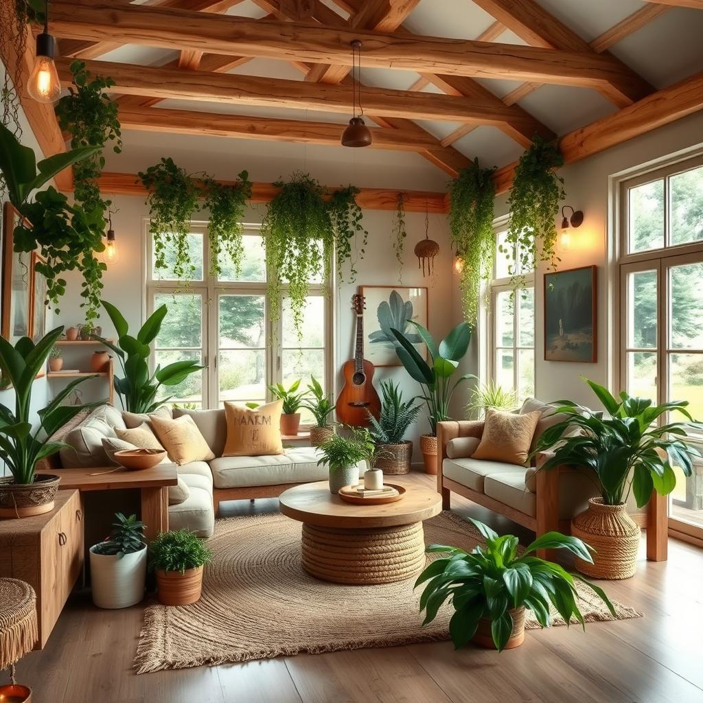 A beautifully decorated living room featuring natural style elements