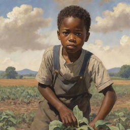 A poignant illustration showing a young African American boy laboring hard in a field, his young face showing determination and resilience, a scene historically significant.