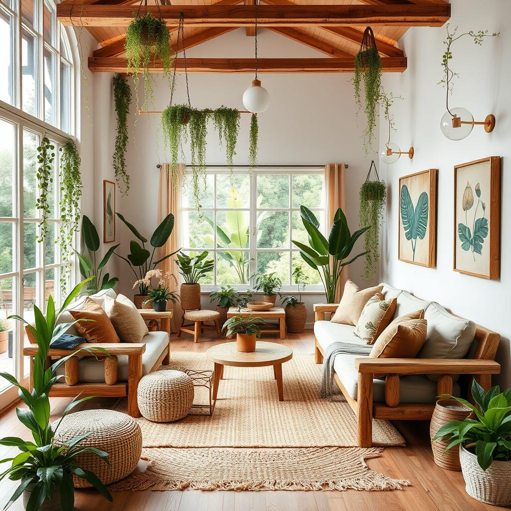 A beautifully decorated living room featuring natural style elements