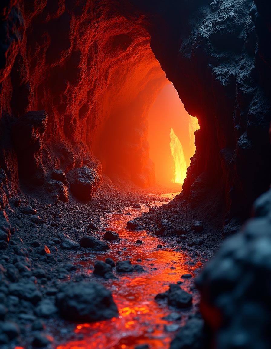 A volcanic cave scene featuring a cave entrance with flowing bright red lava illuminating the rocky terrain