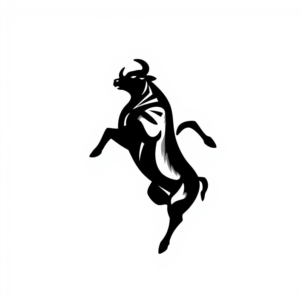 A sleek, modern black silhouette logo depicting a bull in mid-jump, viewed from above