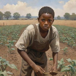 A poignant illustration showing a young African American boy laboring hard in a field, his young face showing determination and resilience, a scene historically significant.