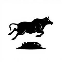 A sleek, modern black silhouette logo depicting a bull in mid-jump, viewed from above