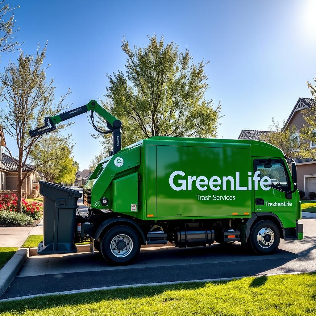 An advanced electric garbage truck in a striking green color, prominently displaying the name "GreenLife Trash Services" on its side in bold white lettering